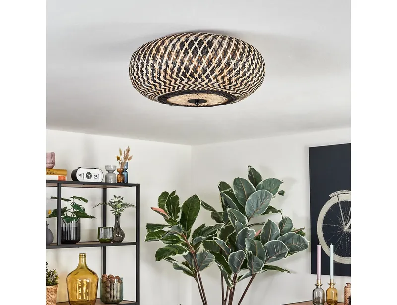 hofstein Deckenleuchte moderne Deckenlampe aus Metall/Bambus in Schwarz/Naturfarben, ohne Leuchtmittel, Boho-Design Deckenleuchte, Lichteffekt an d. Decke, Ø 40 cm, 3-flammig, Beige|schwarz, – Produktbild 2 von 5