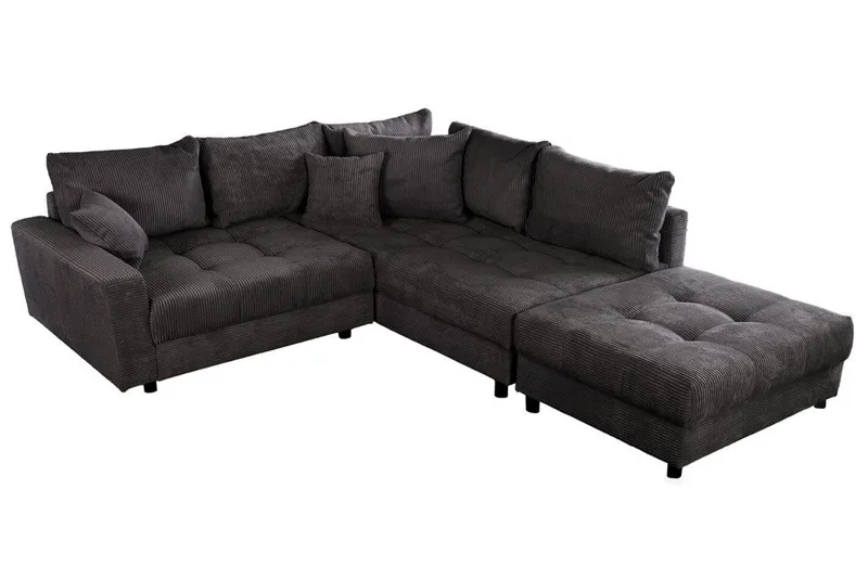 riess-ambiente Ecksofa KENT 220cm dunkelgrau - Cord, L-Form, Federkern, Hocker & Kissen, FSC, Set 2 Teile, Wohnlandschaft in Familiengröße - ideales Design fürs Wohnzimmer, Grau, – Produktbild 2 von 5