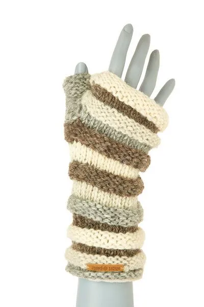 short'n'pietz short'n'pietz Schurwollhandstulpen in Streifenmuster, handgestrickt, Wollweiss antikbraun, – Produktbild 1 von 3
