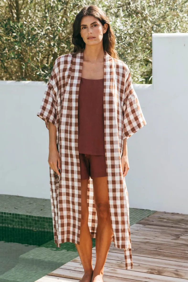 AmourLinen AmourLinen Damen vegan Bademantel Midnight Mocha Gingham, Braun, – Produktbild 2 von 2