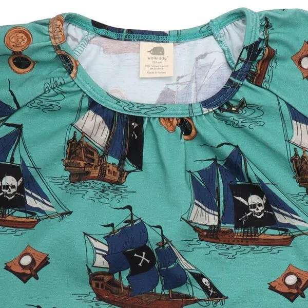 Walkiddy Kinder Tunika GOTS zertifiziert, grün, Piratenschiff-Allover, Kurzarm, weich – Walkiddy, Grün, – Produktbild 3 von 3