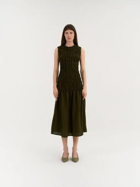 AmourLinen AmourLinen Leinenkleid mit Smokeinsatz VALENCIA, Deep olive (grün), – Produktbild 1 von 1
