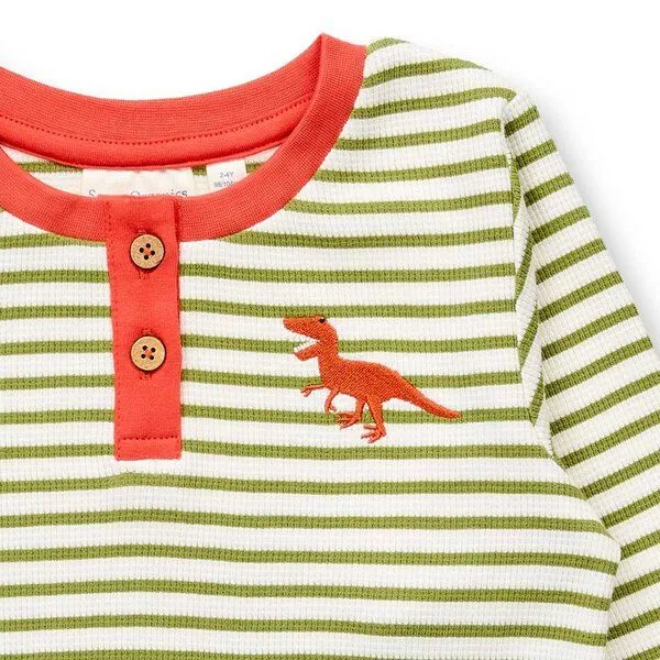 Sense Organics Sense Organics Kinder Schlafanzug, Modell JUNIS, Moosgrün-weiß geringelt mit dino-motiv, – Produktbild 3 von 4