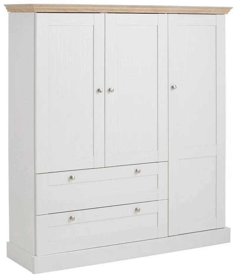OTTO home Kleiderschrank Binz, Wäscheschrank, Mehrzweckschrank, skandinavischer Landhausstil (B/H/T ca. 122/130/35 cm) viele Stauraummöglichkeiten, Metallgriffe, Türen mit Rahmen/ Kassetten, Weiß, – Produktbild 2 von 5