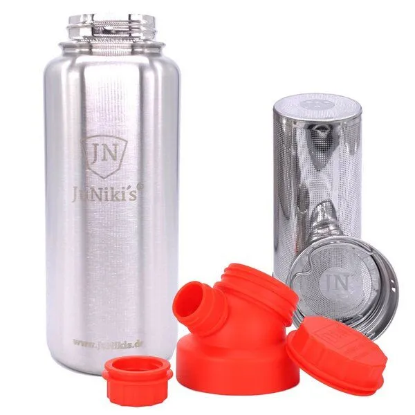 JN JuNiki's JN JuNiki's isolierte Edelstahl Trinkflasche 1 Liter + Teefilter, Rot, – Produktbild 1 von 4