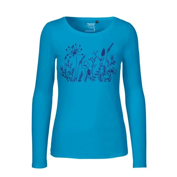 HANDGEDRUCKT HANDGEDRUCKT "Wilde Wiese" Frauen Longsleeve aus reiner Biobaumwolle (kbA), Saphire, – Produktbild 1 von 3