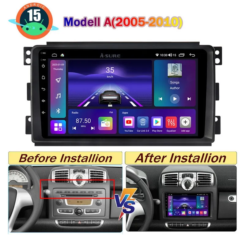 A-Sure Android 15 Apple Carplay 4/8 Core Navi Für Smart Fortwo 451 2005-2015 Autoradio (Digitalradio (DAB), FM, AM), Modell a(2005-2010), – Produktbild 1 von 5