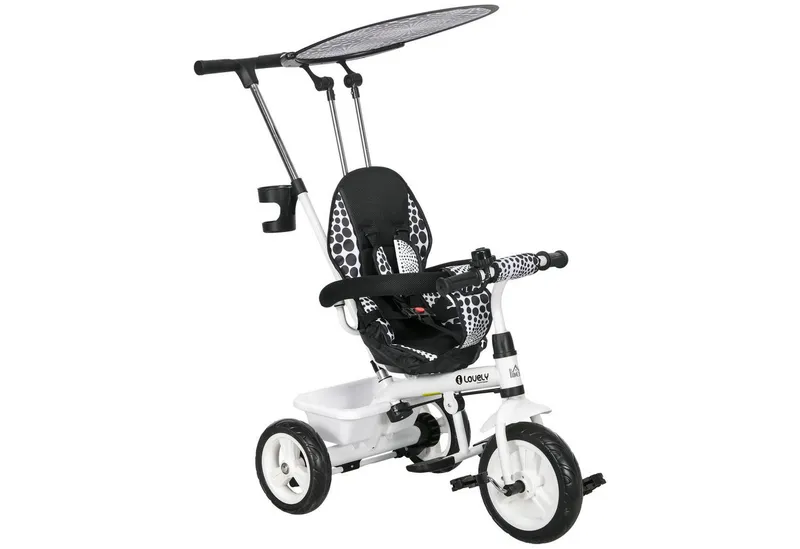 HOMCOM HOMCOM 6-in-1 Dreirad mit Schubstange, Kinderdreirad mit Sonnendach, Korb, Weiß, – Produktbild 2 von 6
