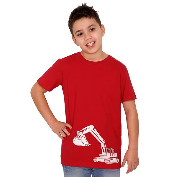 HANDGEDRUCKT HANDGEDRUCKT "Bagger" Unisex Kinder T-Shirt, Red, – Produktbild 1 von 3