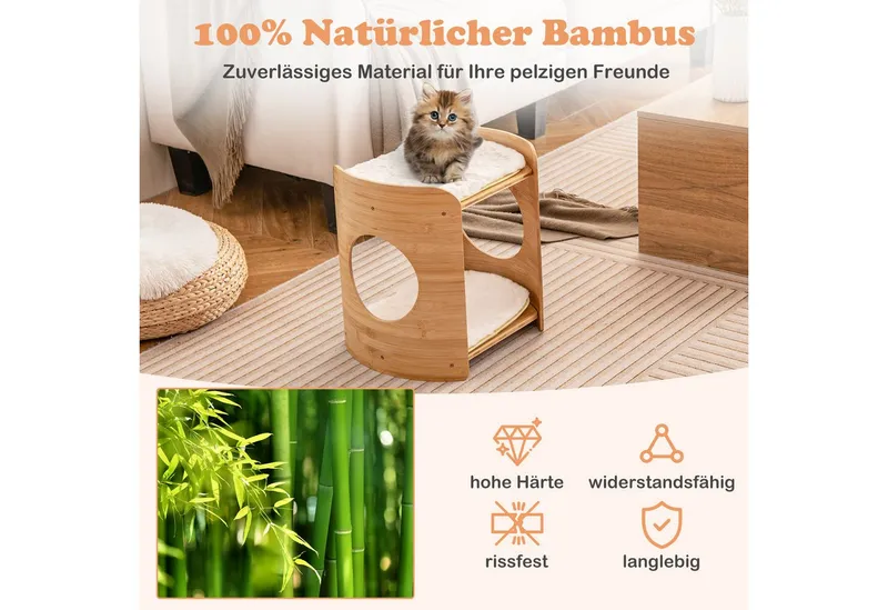 KOMFOTTEU Tierbett, 2 stöckiger Katzenbett, aus Bambus, Beige, – Produktbild 3 von 5