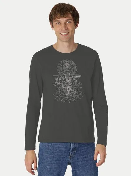 Peaces.bio - handbedruckte Biomode Peaces.bio - handbedruckte Biomode Bio-Herren-Langarmshirt Ganesha, Graphitgrau, – Produktbild 2 von 3