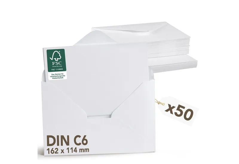 Falinko Briefumschlag 50x Faltkarten mit Umschlag weiß, Din A6/C6 I neutrale Grußkarten mit Umschlag (Kraftpapier, 50er Set) – Produktbild 1 von 5