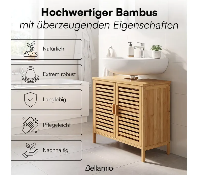 Bellamio Waschbeckenunterschrank Newa, Badezimmerschrank mit zwei Ablagefächern (Spar-Set, 2-St) aus natürlichem Bambus, robst und langlebig, Braun, – Produktbild 2 von 5