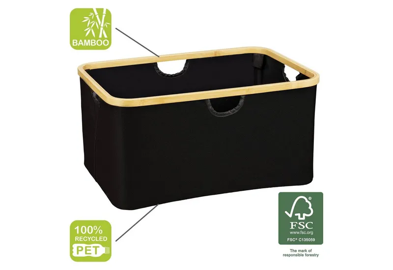 Wenko Wenko Wäschekorb Modell Ecori, faltbarer Wäschesammler, recyceltes Polyester mit Bambusrahmen, Schwarz, – Produktbild 4 von 5