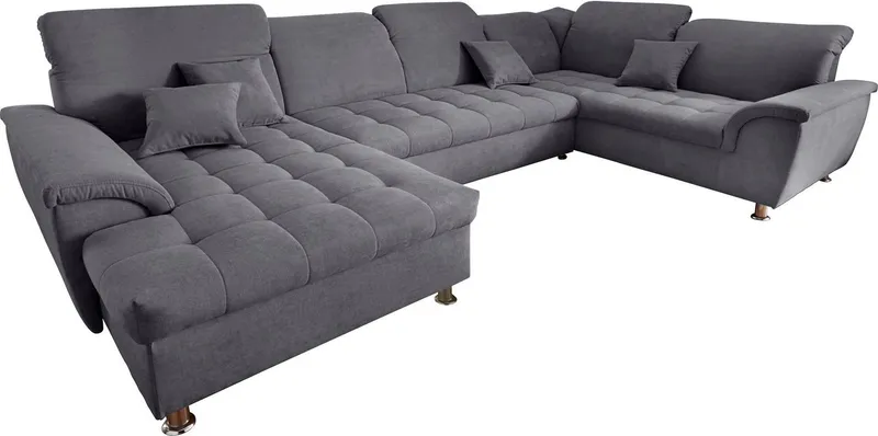 DOMO collection Wohnlandschaft FRANZI optional mit Bettfunktion, Bettkasten & Kopfteilverstellung, U-Form, Recamiere links, dunkelgrau, B/T: 352/214 cm, Grau, – Produktbild 2 von 5