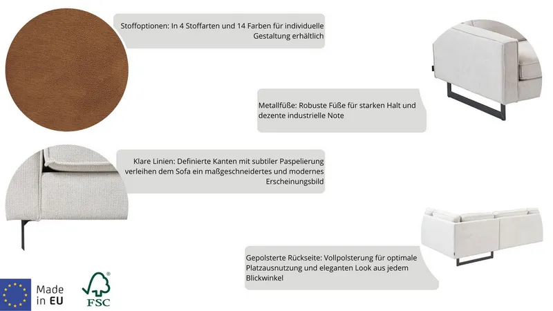 OTTO home 2-Sitzer Pinto, 166 cm, Cord, Chenille, Lederoptik, mit Keder, schwarze Metallfüße, Wellenunterfederung, Braun, – Produktbild 4 von 5