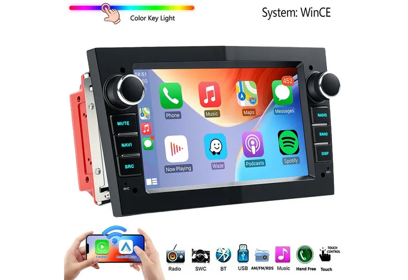 ESSGOO 7'' Android 15 WinCE für Opel Astra H/Corsa C/D/Vectra C/Zafira h 2DIN Navigationsgerät (Apple Carplay Android Auto GPS Navi WIFI BT EQ), Schwarz, – Produktbild 1 von 8