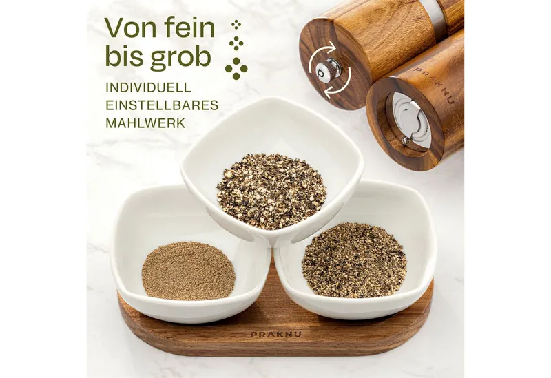 Praknu Salz-/Pfeffermühle Salz und Pfeffermühle aus Akazienholz mit Untersetzer manuell, Beige, – Produktbild 4 von 5