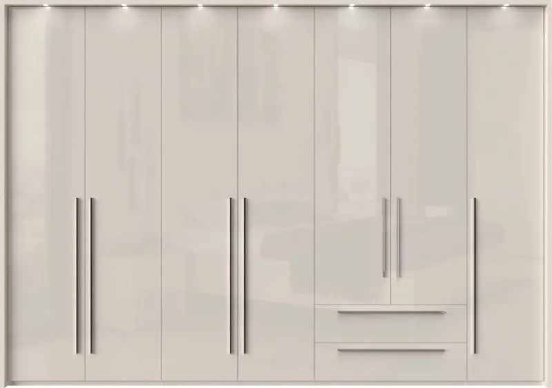 OTTO home Drehtürenschrank Piano, inklusive Rahmen und Beleuchtung, soft-close-Funktion (viele Breiten zur Auswahl, 226cm hoch, mit jeweils 2 Schubladen) beige oder weiß, UV lackiert, Hochglanzfronten, FSC-zertifiziert, Beige|grau, – Produktbild 2 von 8