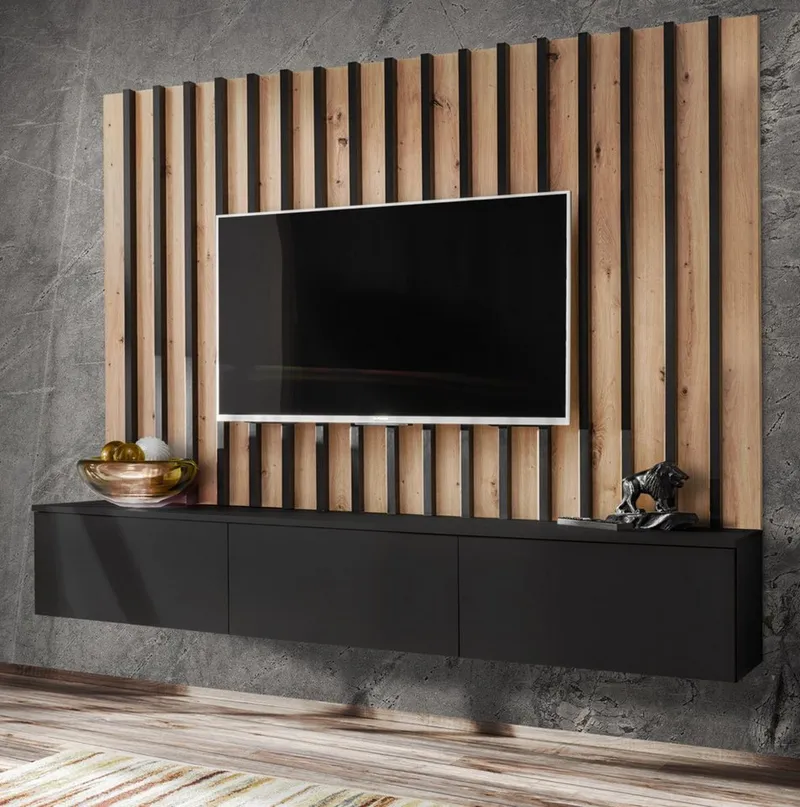 Furn.Design Lowboard Pearl (TV Mediawand in schwarz mit Eiche, Set inkl. Wandpaneel), Push-To-Open-Funktion, Schwarz, – Produktbild 2 von 5