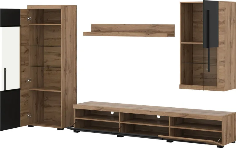 OTTO home Wohnwand Roger,Breite 255 cm moderne Mediawand ohne Beleuchtung, (Set, 4-St), Anbuwand (Set,4-St) viel Stauraum, Glastüren, Beige|schwarz, – Produktbild 3 von 5