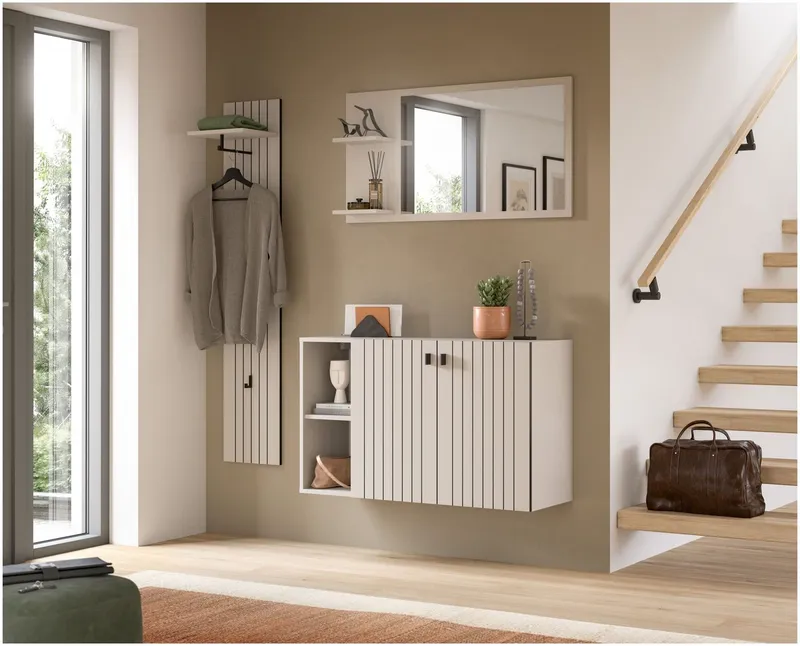 xonox.home Garderoben-Set, (3-tlg. Schuhkommode, Garderobenspiegel & Garderobenpaneel), in Kaschmir Nachbildung B/H/T ca.: 152/192/37 cm, Braun, – Produktbild 1 von 5