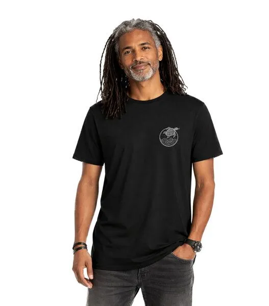 vis wear vis wear Schildkröte zwischen Ozean und Wellen – Unisex Recyceltes Tee, Schwarz, – Produktbild 1 von 3