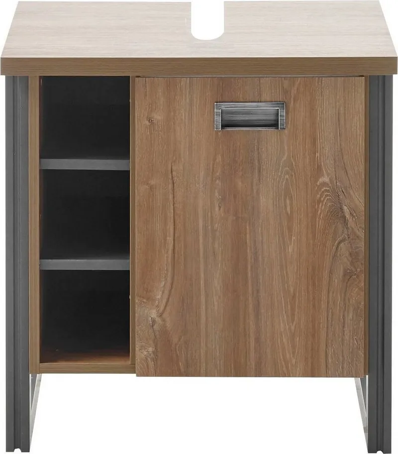 Home affaire Waschbeckenunterschrank Detroit, Waschtisch mit Apothekergriff, Badschrank im Industrialdesign Eiche Dekor, mit offenen Fächern & Stauraum, Breite 61 cm, Braun, – Produktbild 3 von 5