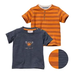 People Wear Organic People Wear Organic Kurzarm-Shirt Doppelpack, dunkelblau gestreift mit Druck-Applikation "Krebs" & orange, aus Bio Baumwolle – Produktbild 1 von 1