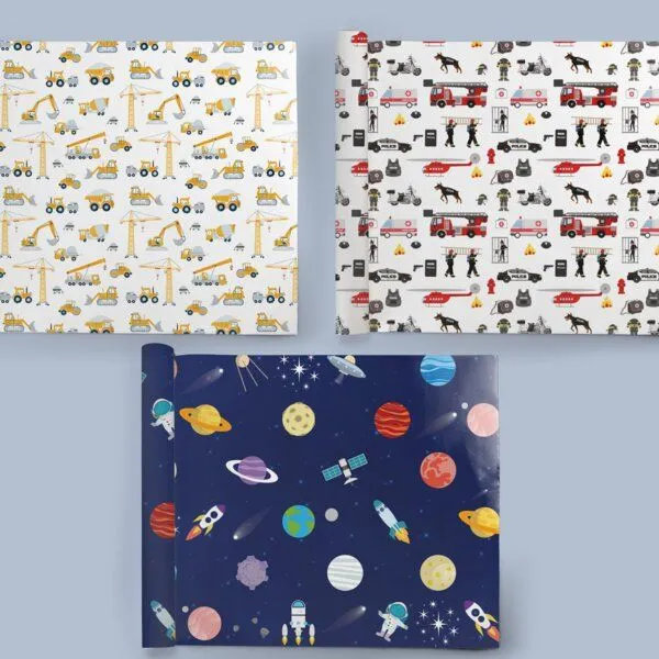 Fines Papeterie Fines Papeterie 3x 3m Geschenkpapier Set für Kinder SET 1 mit Weltraum, Feuerwehr und Baustelle 3 Rollen je 300x47 cm – Produktbild 4 von 4