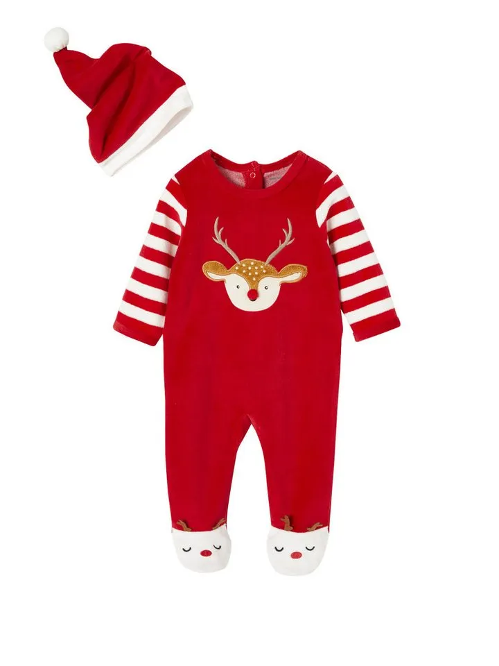 Vertbaudet Vertbaudet Schlafoverall Baby Weihnachts-Geschenkset: Strampler & Mütze, Rot, – Produktbild 2 von 4
