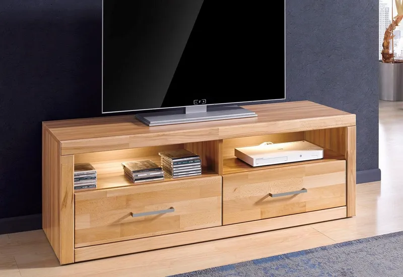 OTTO home Lowboard Logo,130cm breit,42 cm tief, Fronten Massivholz, Kabeldurchführung, Holz massiv, Holzwerkstoff, Metall Griffe,2 Schubladen, Braun, – Produktbild 1 von 5