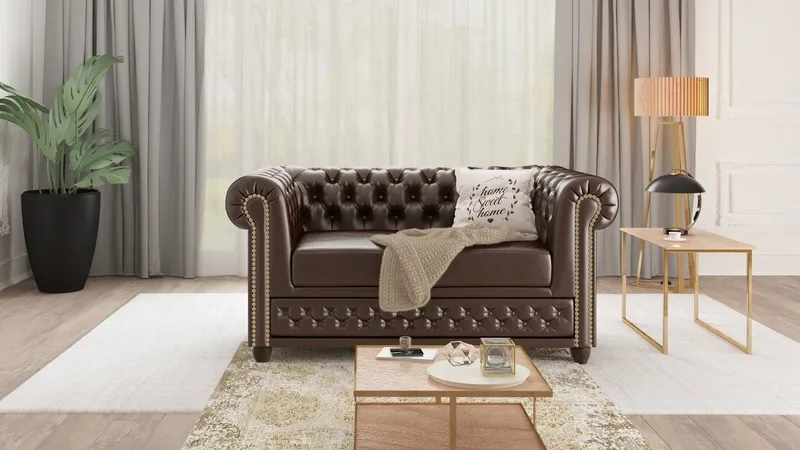 S-Style Möbel Chesterfield-Sofa Jeff, 2-Sitzer aus veganem Leder mit Holzfüßen, mit Wellenfederung, Braun, – Produktbild 3 von 4
