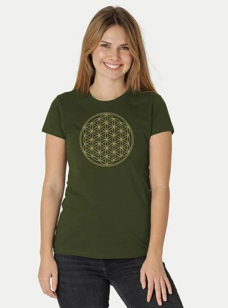Peaces.bio - handbedruckte Biomode Peaces.bio - handbedruckte Biomode Bio-Damen-T-Shirt Die Blume des Lebens, Waldgrün, – Produktbild 2 von 2