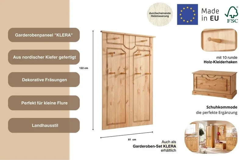 OTTO home Garderobenpaneel Klera, mit dekorativen Fräsungen, Kiefer, Landhausstil (Made in Europe), Mit 10 Kleiderhaken, aus massiver Kiefer, Beige, – Produktbild 4 von 5