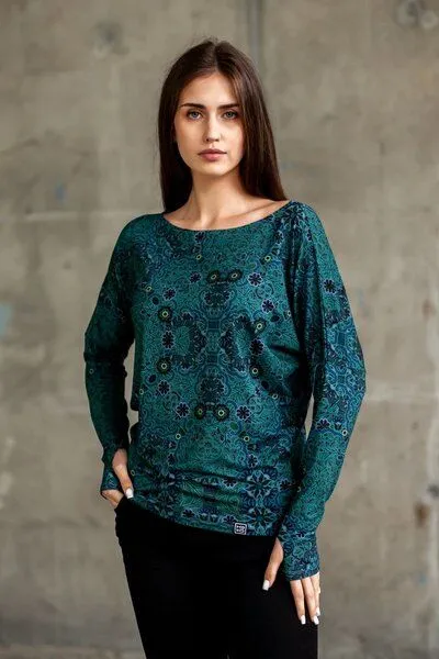 KOKOworld KOKOworld Damen Bluse BE MY VALENTINE – LENZING ECOVERO Viskose mit Daumenloch, Green nefud (mehrfarbig), – Produktbild 1 von 4