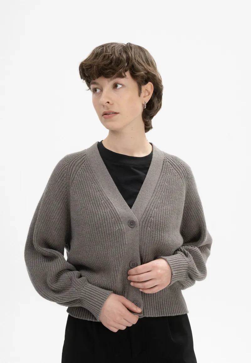 MELA MELA Damen vegan Strickjacke Rippe Bhuma Bär Melange, Braun, – Produktbild 1 von 2