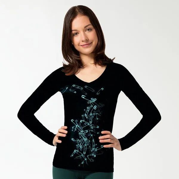 Spangeltangel Spangeltangel Langarmshirt "Sicherheitsnadeln", Damenshirt, Siebdruck, Biobaumwolle, Schwarz, – Produktbild 1 von 2