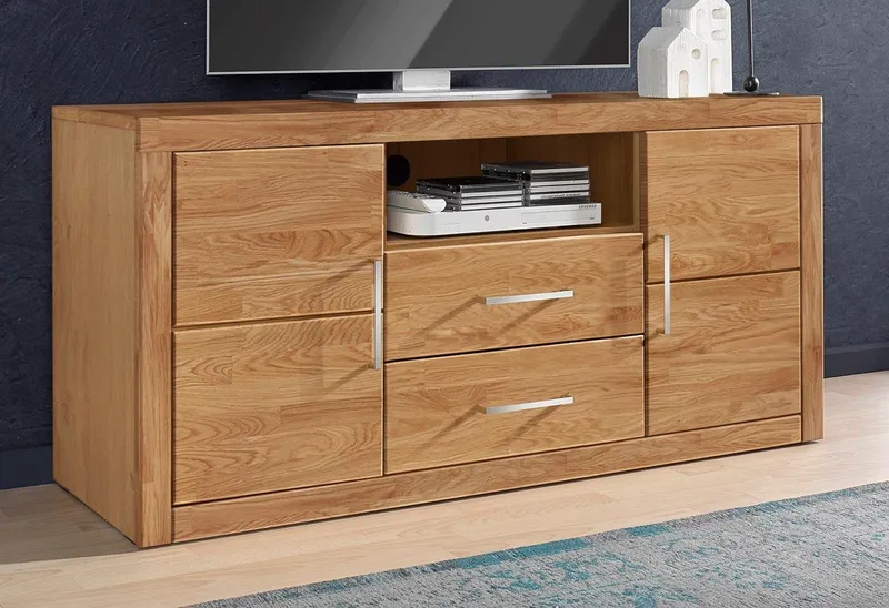 OTTO home Lowboard Logo,130cm breit, Fronten Massivholz,5 Fächer, Holz massiv, Holzwerkstoff, Metall Griffe,2 Türen,2 Schubladen, Braun, – Produktbild 3 von 9