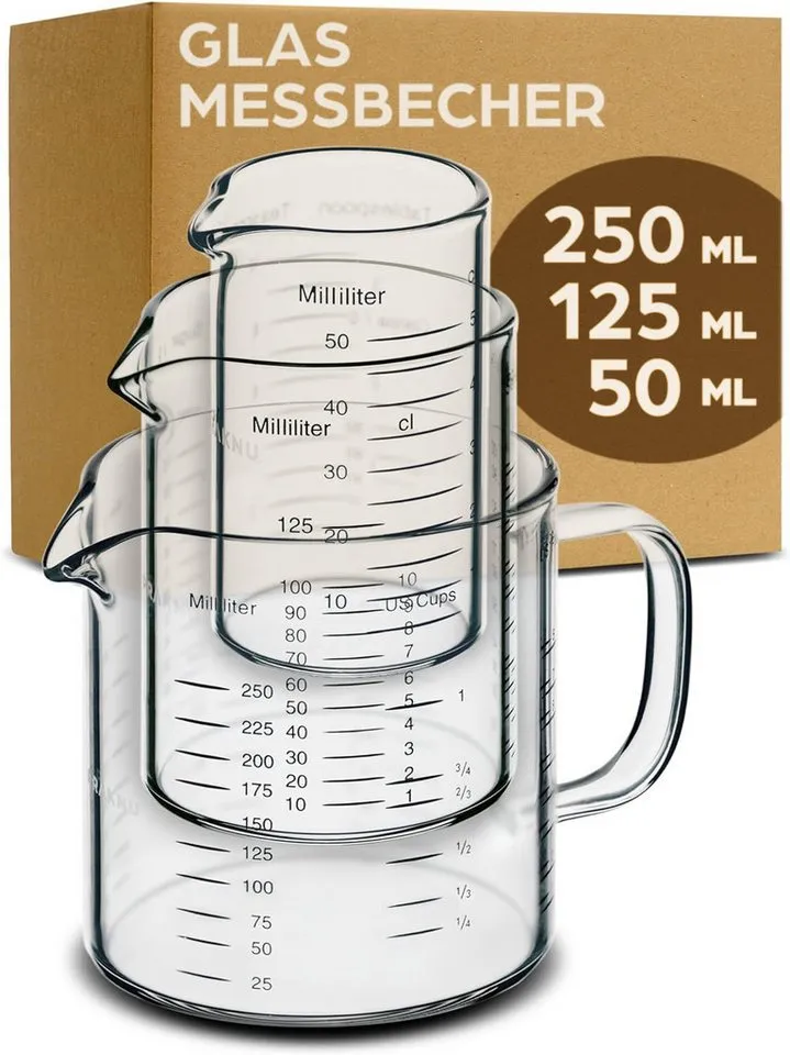 Praknu Messbecher Glas Messbecher mit Ausguss - 50ml, 125ml, 250ml - Präzise Skala, Weiß, – Produktbild 2 von 5