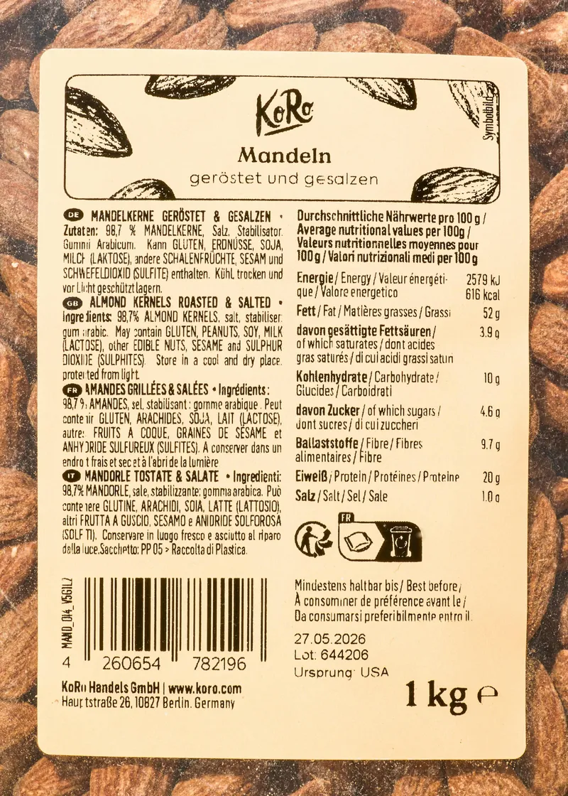 KoRo Geröstete und gesalzene Mandeln 1 kg – Produktbild 5 von 5