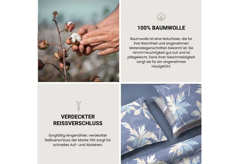 Schiesser Schiesser Bettwäsche Vera aus weichem Baumwoll-Satin mit floralem Muster, Satin, 2 teilig, OEKO-TEX® MADE IN GREEN, Blau, – Produktbild 4 von 5