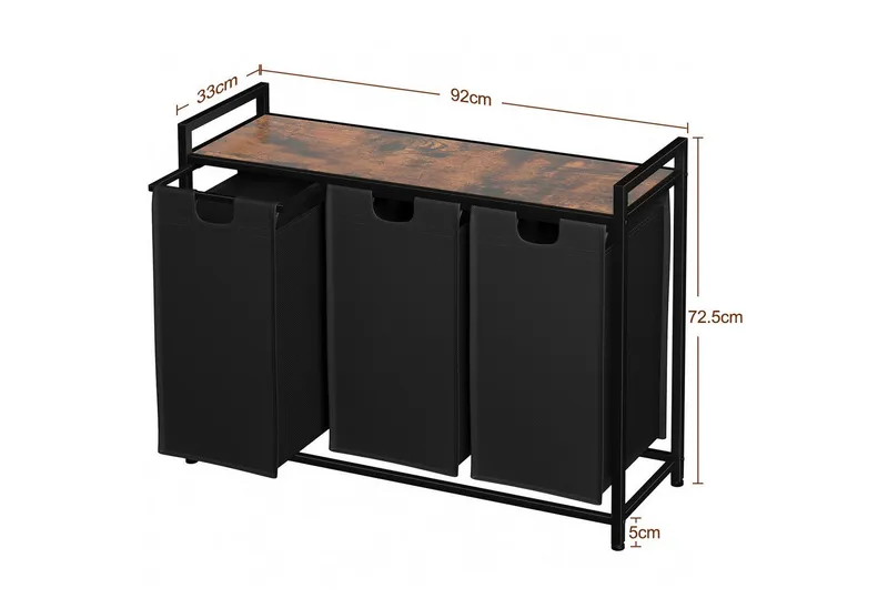 AMHANCIBLE Wäschekorb mit 3 Fächern & oberem Regal, Ausziehbar 3 x 38 Liter (1 St), Maße 92×30×72 cm, Braun, – Produktbild 2 von 4