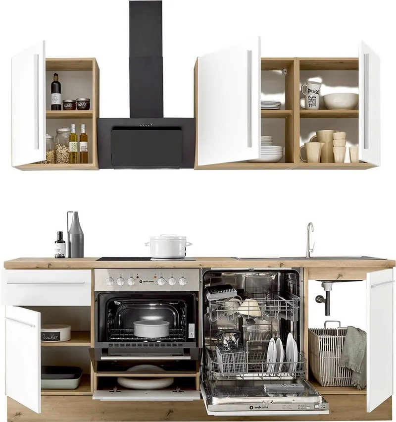 KOCHSTATION Küchenzeile Florida mit 38mm starker Arbeitsplatte, Breite 220 cm, wahlweise mit E-Geräten, Soft-Close-Funktion, Weiß, – Produktbild 5 von 5