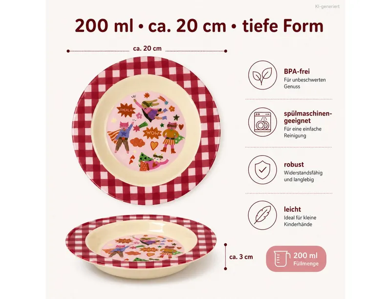 RICE RICE Teller Tiefer Kinderteller 20cm Rot Super Hero Melamin Kindergeschirr, (1 St), Rot, – Produktbild 3 von 5