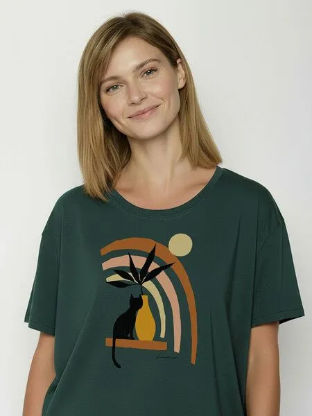 GreenBomb GREENBOMB Cat Vase Feel - Lässiges T-Shirt aus Bio-Baumwoll-Mix / hochwertiger Print / GOTS / Fair & Vegan, Türkis (petrolgrün), – Produktbild 2 von 4