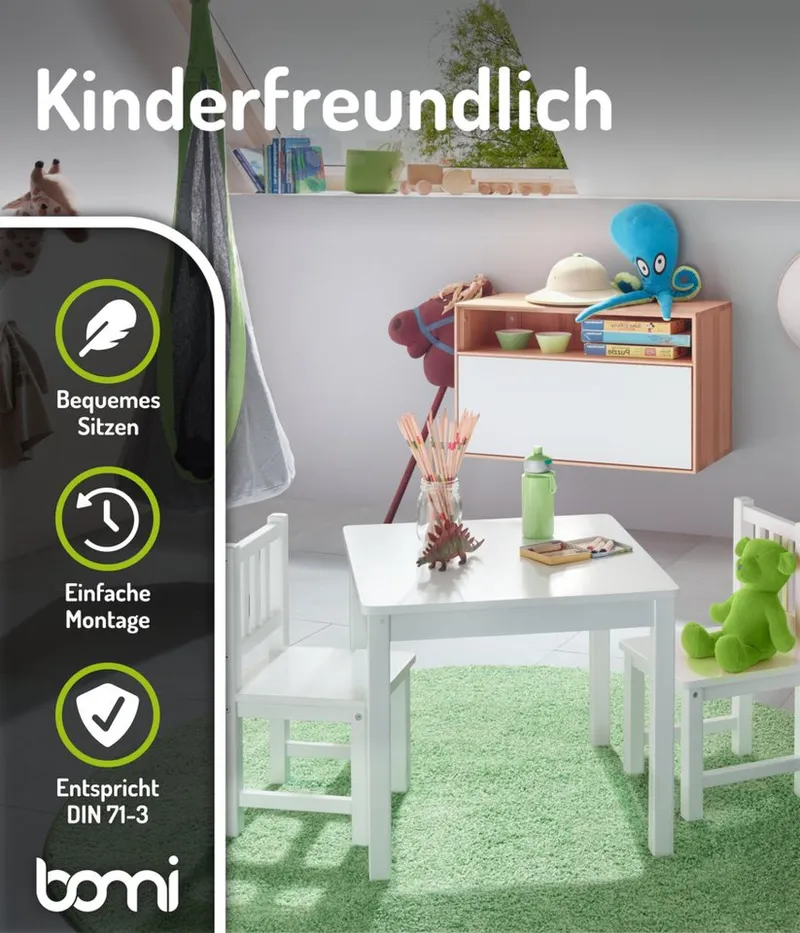 bomi bomi Kindersitzgruppe Holzsitzgruppe Amy, (Set, 3-tlg., oder 5 tlg. erhältlich), Kindertischgruppe, Tisch & Stühle Kinderzimmer, als Spiel- & Maltisch, Weiß, – Produktbild 5 von 5