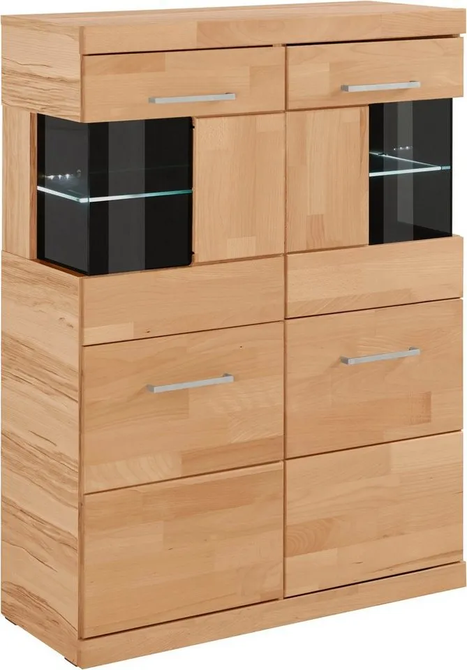 OTTO home Highboard Ribe,85cm breit,115cm hoch, Fronten Massivholz,4 breite Fächer, Korpus Holzwerkstoff,2Türen mit Glaseinsatz, Böden versetzbar, Braun, – Produktbild 2 von 5