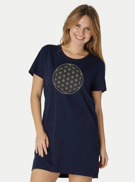 Peaces.bio - handbedruckte Biomode Peaces.bio - handbedruckte Biomode Longshirt Die Blume des Lebens, Blau, – Produktbild 2 von 2