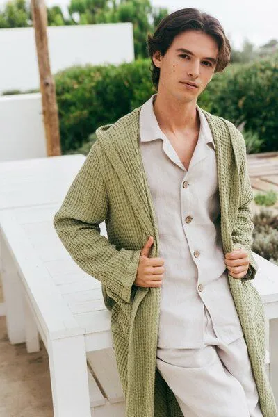AmourLinen AmourLinen Wabenförmiger Bademantel für Männer, Moss grün, – Produktbild 1 von 3